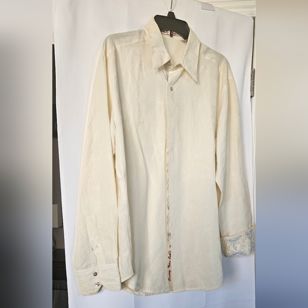 Robert Graham Mens‎ Off White Embroidered Cuff Button Down Shirt Size Large - Picture 2 of 13